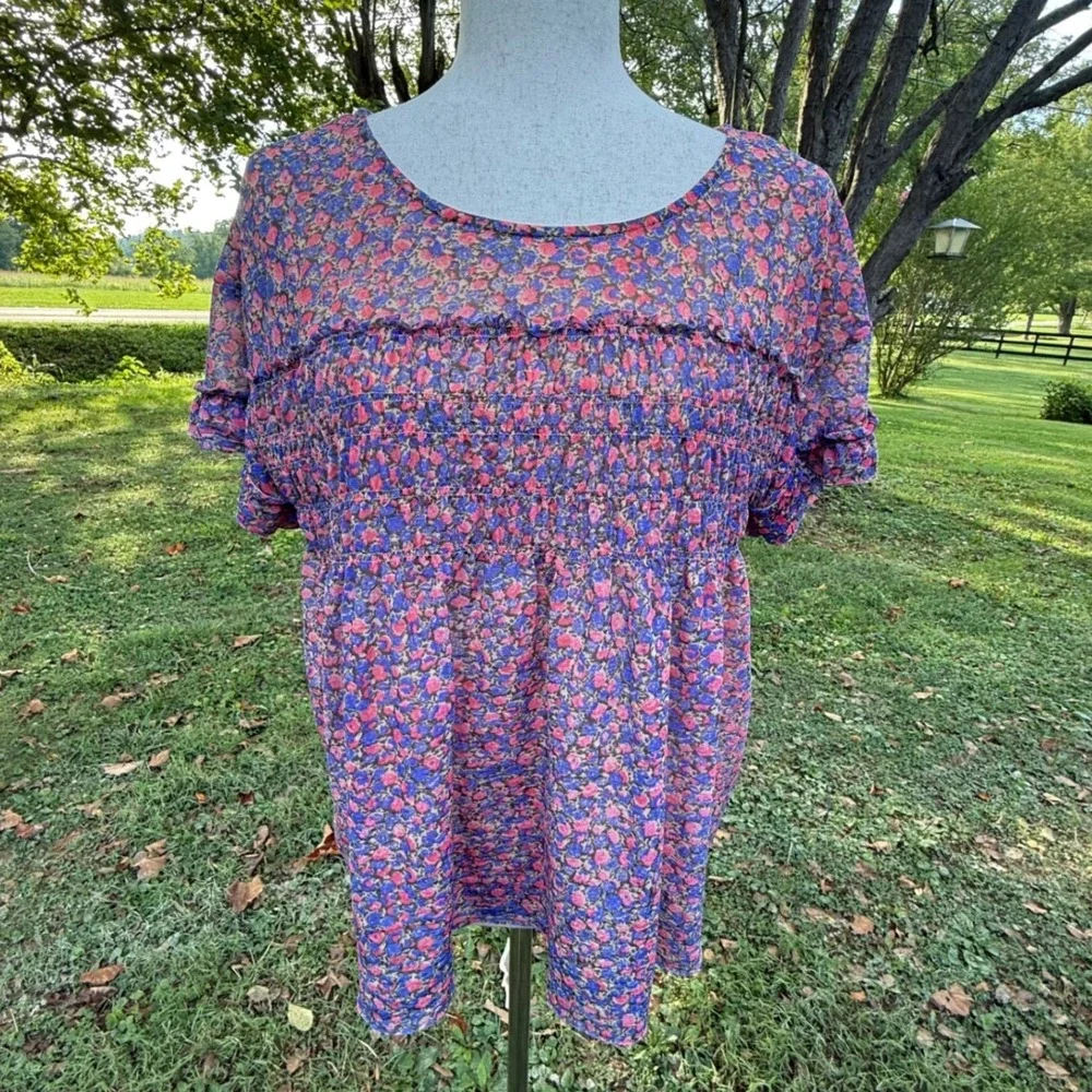 Anthropologie Deletta Floral Smocked Ruffle Blouse Pink Blue Short Sleeve Small